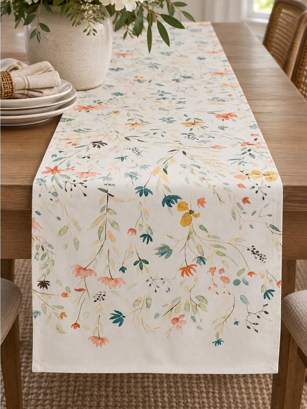 Maison d’Hermine Floral Cotton Table Runner Watercolor Botanical Cottage 110”
